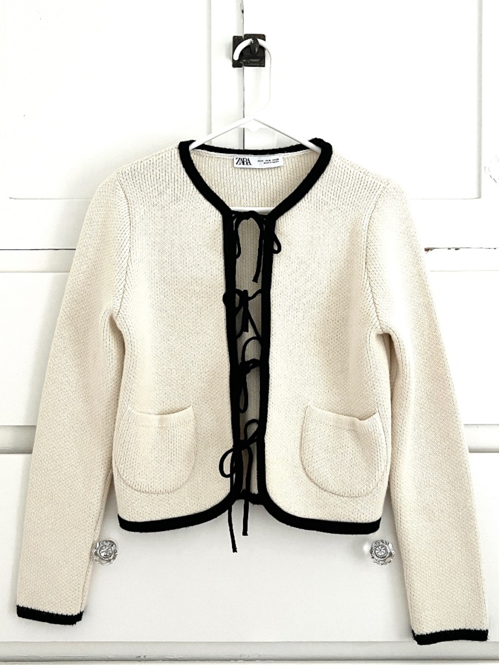 Zara Cream Black Contrast Bow Tie Front Cropped Cardigan M